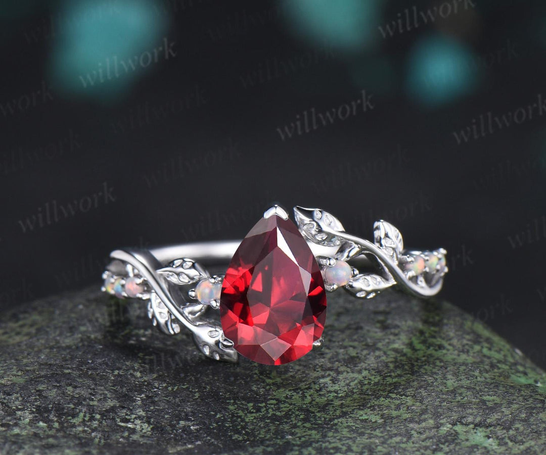 Pear shaped red ruby ring vintage white gold opal leaf engagement ring branch nature inspired promise wedding ring women silver