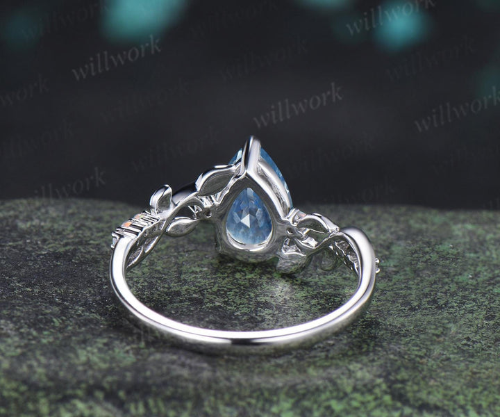 Pear cut aquamarine ring vintage white gold opal leaf engagement ring branch nature inspired promise wedding ring women silver