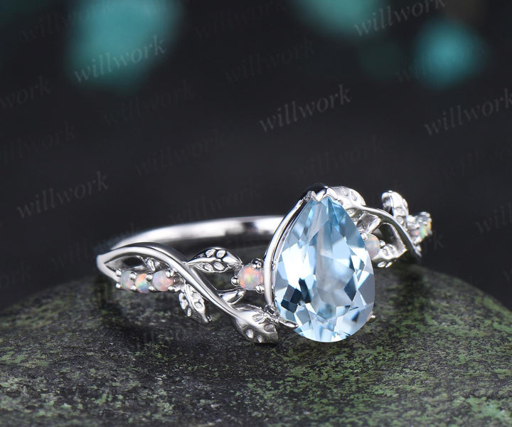 Pear cut aquamarine ring vintage white gold opal leaf engagement ring branch nature inspired promise wedding ring women silver