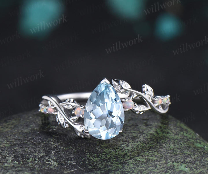 Pear cut aquamarine ring vintage white gold opal leaf engagement ring branch nature inspired promise wedding ring women silver