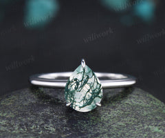 Pear cut moss agate engagement ring white gold hidden halo diamond ring claw prong dainty promise wedding ring women gift