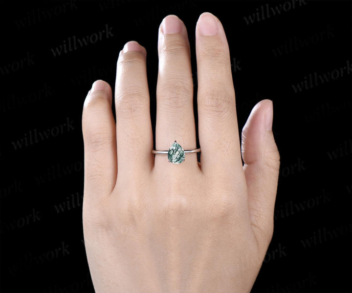 Pear cut moss agate engagement ring white gold hidden halo diamond ring claw prong dainty promise wedding ring women gift