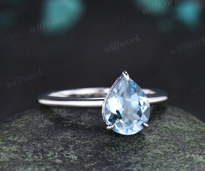 Pear cut aquamarine engagement ring white gold hidden halo diamond ring claw prong dainty promise wedding ring women gift