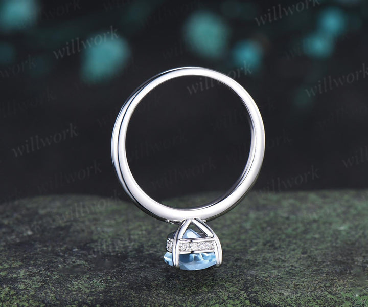 Pear cut aquamarine engagement ring white gold hidden halo diamond ring claw prong dainty promise wedding ring women gift