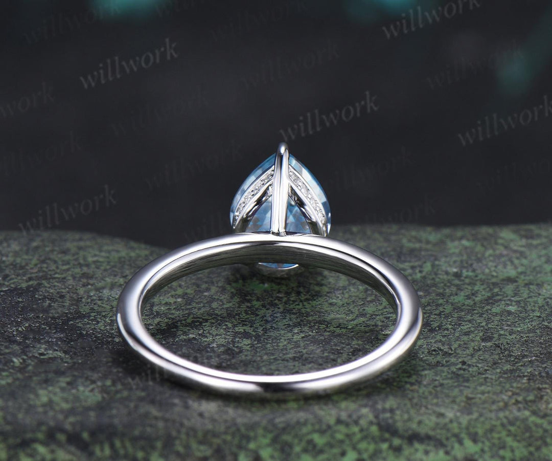 Pear cut aquamarine engagement ring white gold hidden halo diamond ring claw prong dainty promise wedding ring women gift