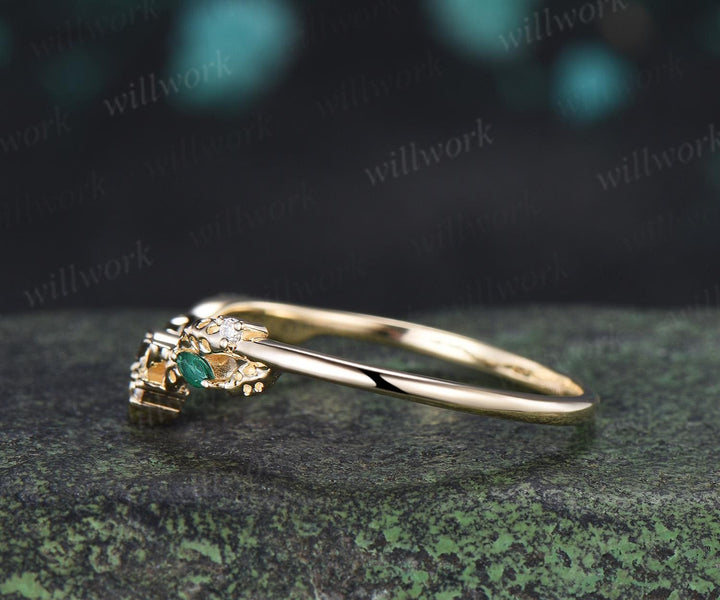 Celtic knot leaf diamond emerald wedding band solid 14k yellow gold stacking matching bridal anniversary ring gift Norse Viking Jewelry