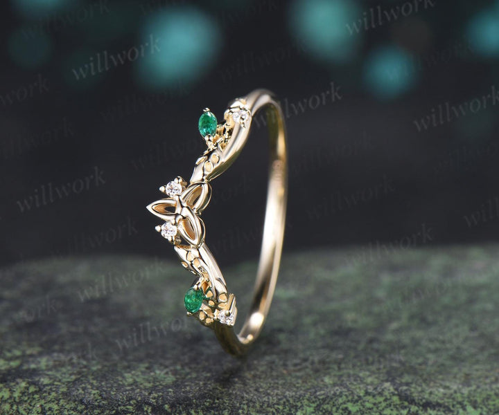 Celtic knot leaf diamond emerald wedding band solid 14k yellow gold stacking matching bridal anniversary ring gift Norse Viking Jewelry