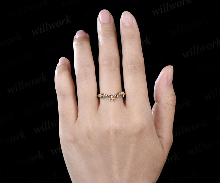 Celtic knot leaf diamond emerald wedding band solid 14k yellow gold stacking matching bridal anniversary ring gift Norse Viking Jewelry