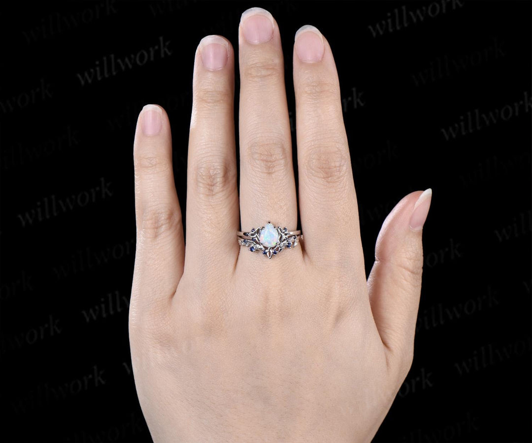 Pear shaped white opal ring vintage celtic knot unique engagement ring leaf sapphire bridal anniversary ring set jewelry gift for women