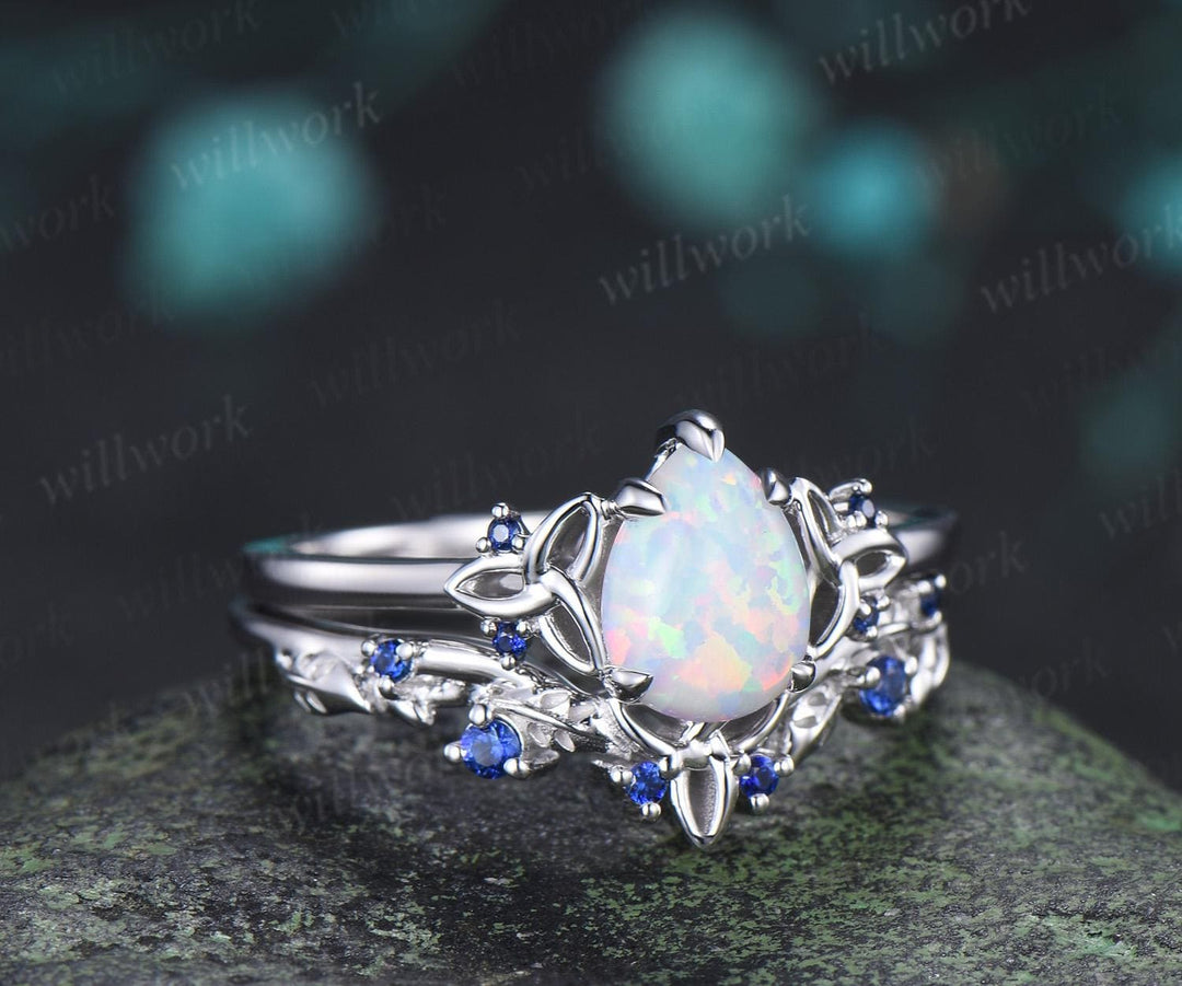 Pear shaped white opal ring vintage celtic knot unique engagement ring leaf sapphire bridal anniversary ring set jewelry gift for women