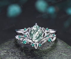 Pear shaped moss agate ring vintage celtic knot unique engagement ring leaf emerald bridal anniversary ring set jewelry gift for women