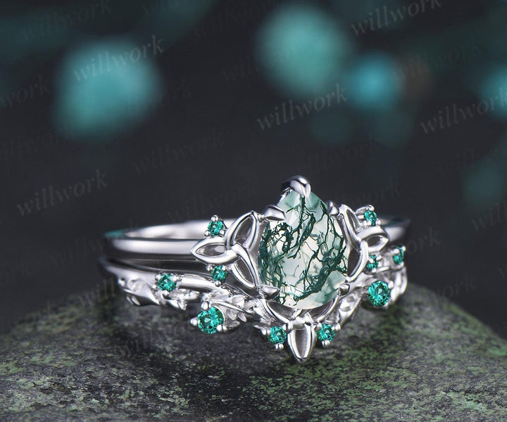 Pear shaped moss agate ring vintage celtic knot unique engagement ring leaf emerald bridal anniversary ring set jewelry gift for women