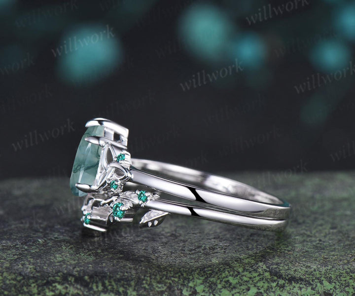 Pear shaped moss agate ring vintage celtic knot unique engagement ring leaf emerald bridal anniversary ring set jewelry gift for women