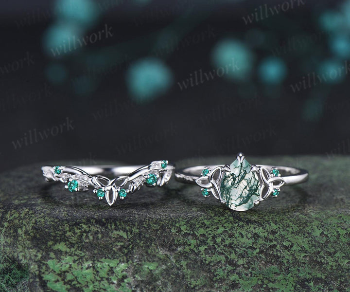 Pear shaped moss agate ring vintage celtic knot unique engagement ring leaf emerald bridal anniversary ring set jewelry gift for women