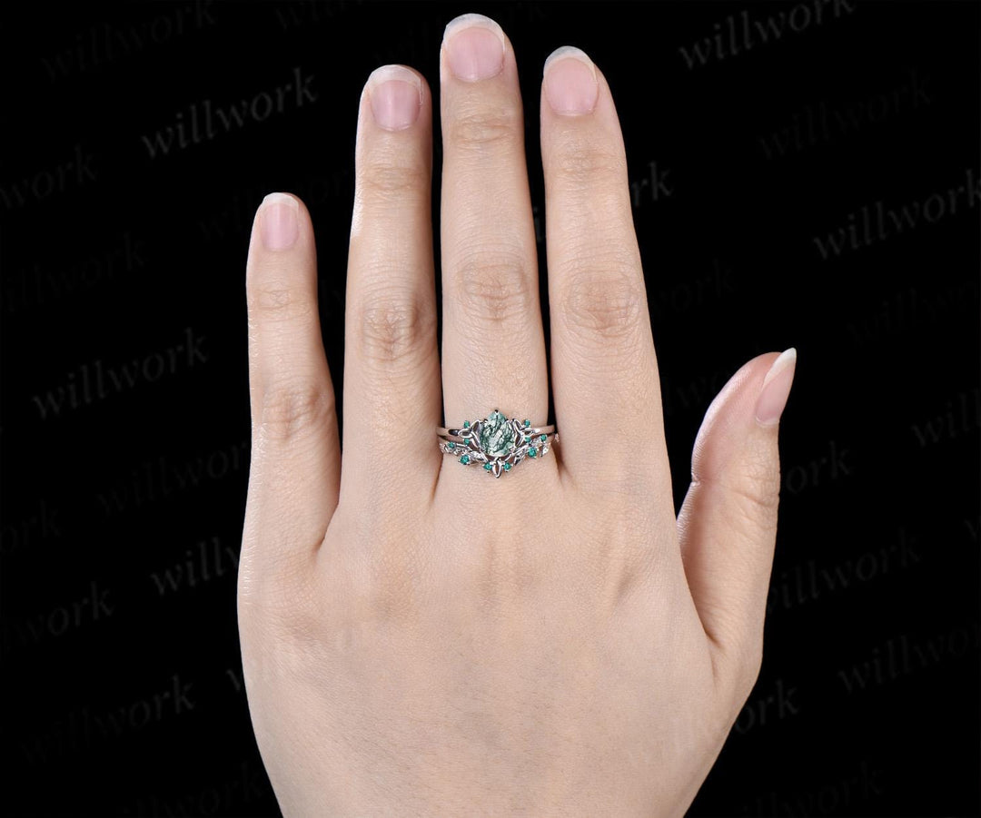 Pear shaped moss agate ring vintage celtic knot unique engagement ring leaf emerald bridal anniversary ring set jewelry gift for women