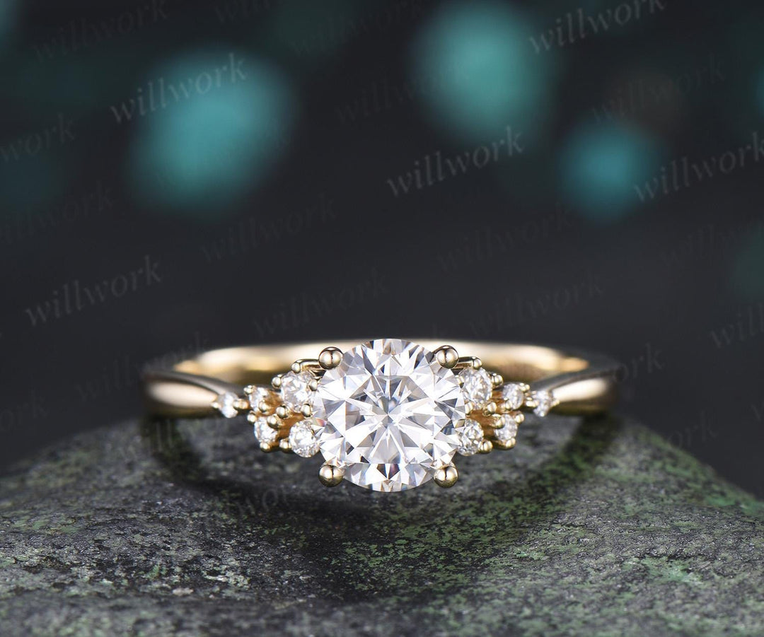 1ct round cut Lab grown diamond moissanite engagement ring solid 14k yellow gold cluster snowdrift wedding promise ring women
