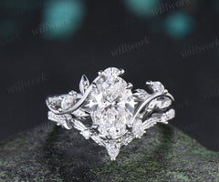 2ct oval cut lab grown diamond engagement ring 14k white gold leaf nature inspired ring women unique cluster bridal promise ring set jewelry