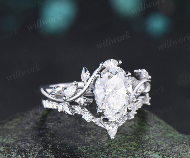 2ct oval cut lab grown diamond engagement ring 14k white gold leaf nature inspired ring women unique cluster bridal promise ring set jewelry