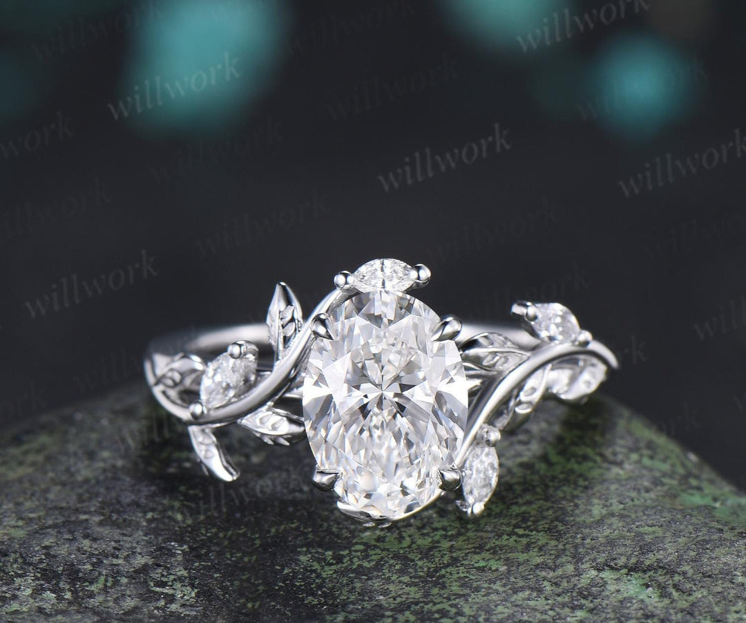 2ct oval cut lab grown diamond engagement ring 14k white gold leaf nature inspired ring women unique cluster bridal promise ring set jewelry
