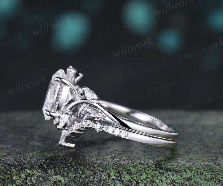 2ct oval cut lab grown diamond engagement ring 14k white gold leaf nature inspired ring women unique cluster bridal promise ring set jewelry
