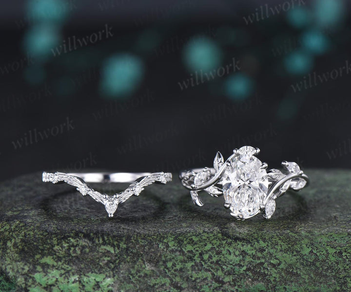 2ct oval cut lab grown diamond engagement ring 14k white gold leaf nature inspired ring women unique cluster bridal promise ring set jewelry