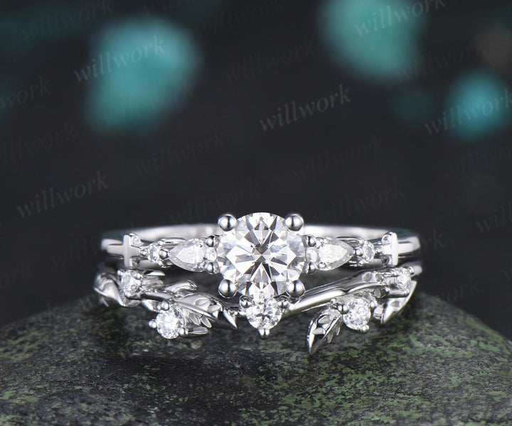 0.5ct round cut lab grown diamond ring white gold cluster unique engagement ring set leaf stacking moissanite bridal promise ring set women