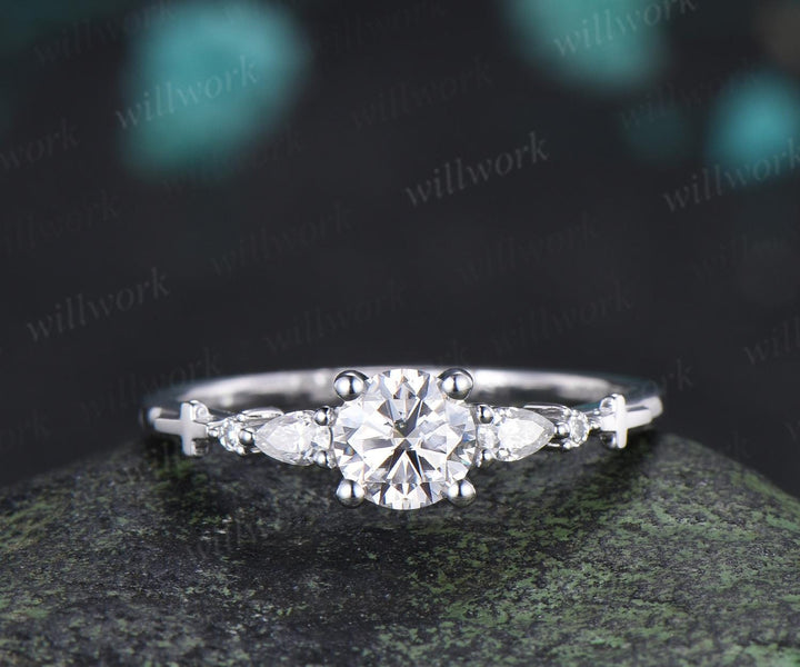 0.5ct round cut lab grown diamond ring white gold cluster unique engagement ring set leaf stacking moissanite bridal promise ring set women