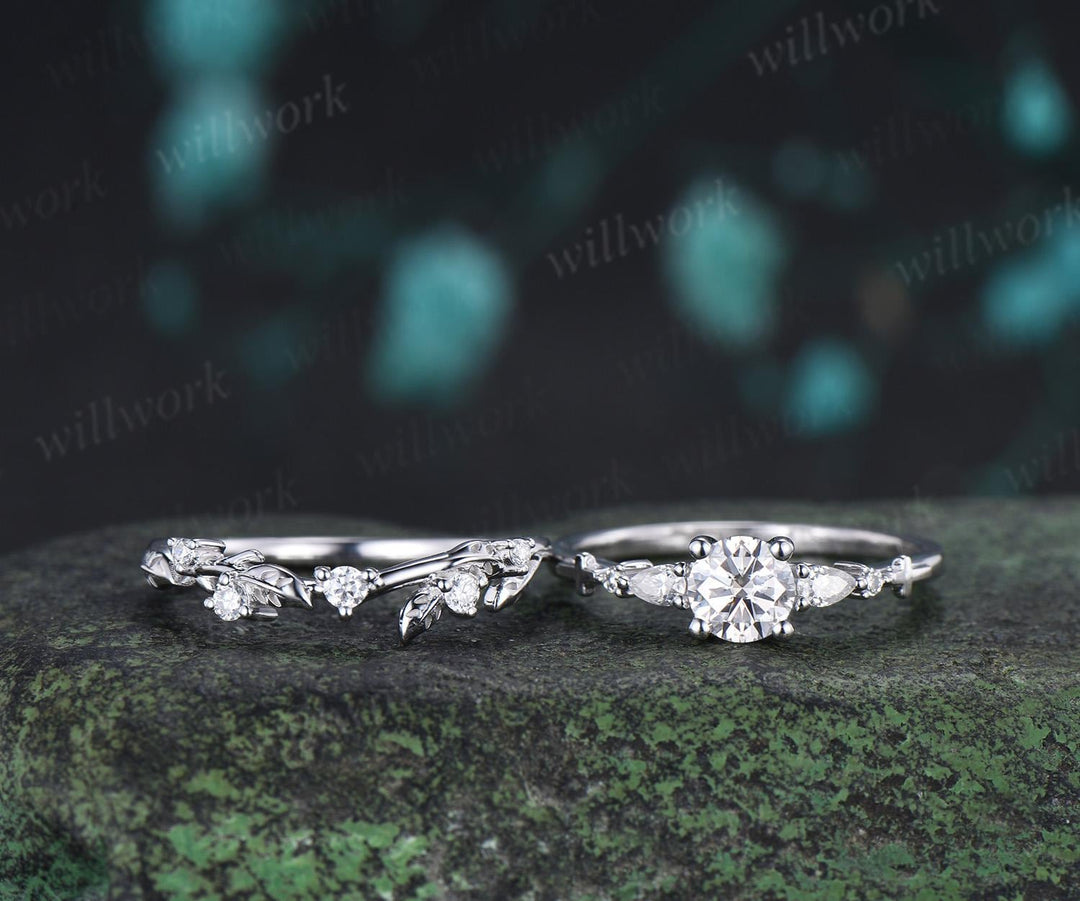 0.5ct round cut lab grown diamond ring white gold cluster unique engagement ring set leaf stacking moissanite bridal promise ring set women
