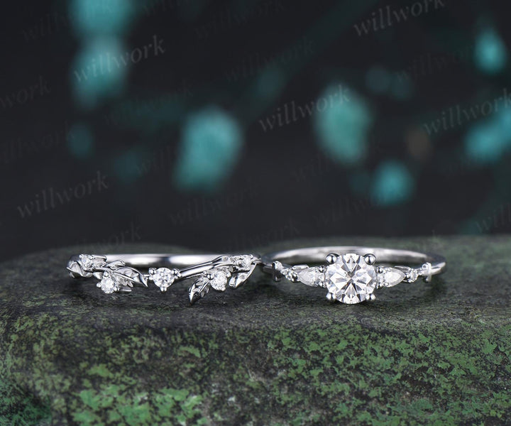 0.5ct round cut lab grown diamond ring white gold cluster unique engagement ring set leaf stacking moissanite bridal promise ring set women