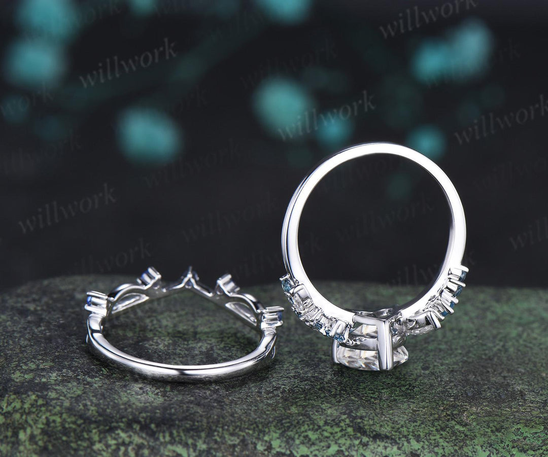 Heart cut moissanite engagement ring set cluster Swiss blue topaz natural cornflower sapphire ring white gold wedding promise ring jewelry
