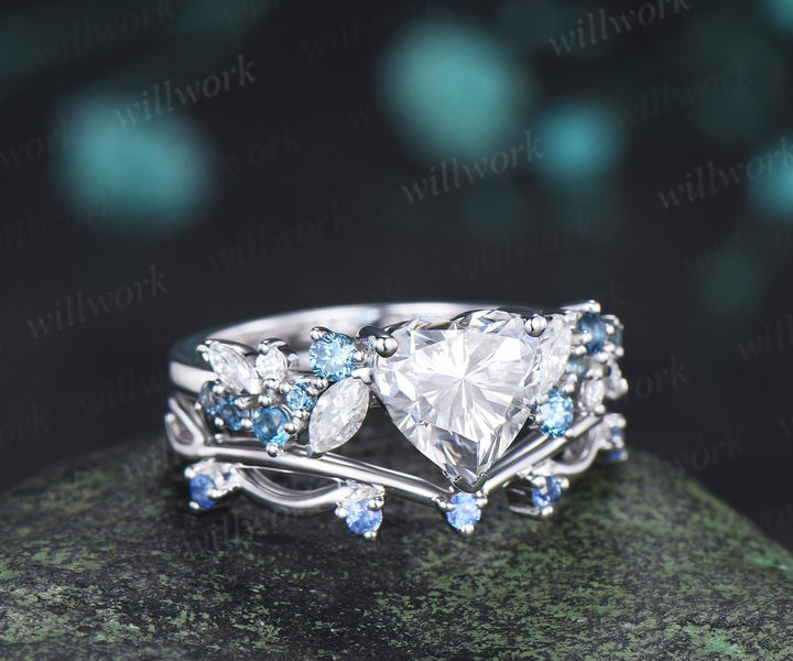 Heart cut moissanite engagement ring set cluster Swiss blue topaz natural cornflower sapphire ring white gold wedding promise ring jewelry
