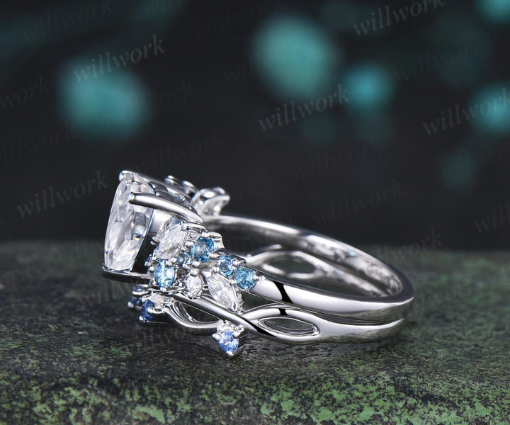 Heart cut moissanite engagement ring set cluster Swiss blue topaz natural cornflower sapphire ring white gold wedding promise ring jewelry