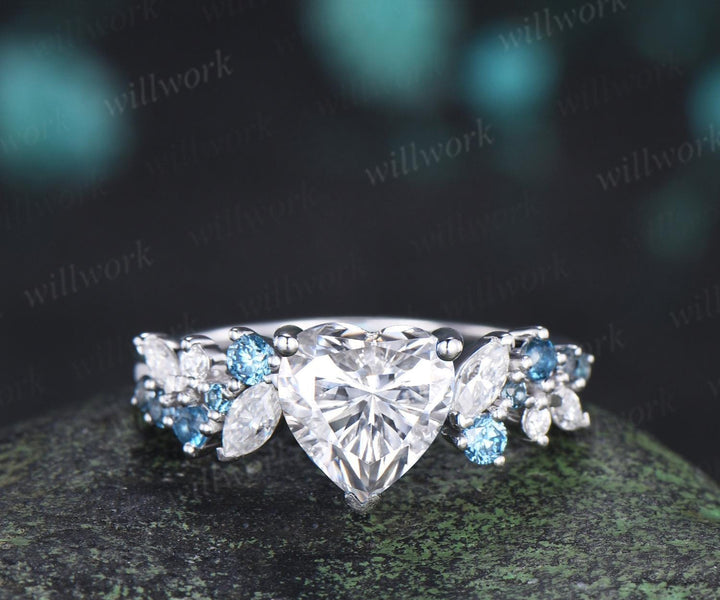 Heart cut moissanite engagement ring set cluster Swiss blue topaz natural cornflower sapphire ring white gold wedding promise ring jewelry