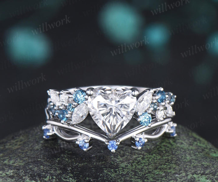 Heart cut moissanite engagement ring set cluster Swiss blue topaz natural cornflower sapphire ring white gold wedding promise ring jewelry