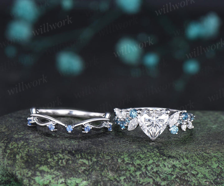 Heart cut moissanite engagement ring set cluster Swiss blue topaz natural cornflower sapphire ring white gold wedding promise ring jewelry