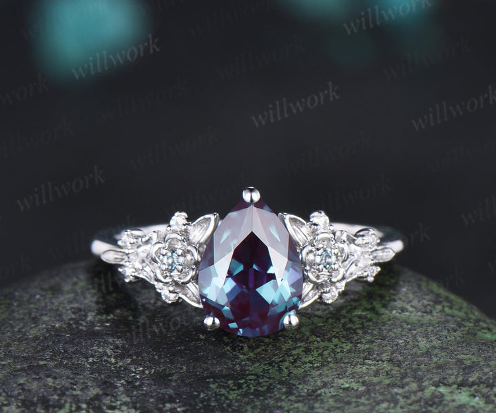 Pear alexandrite engagement ring 14k white gold leaf floral unique retro cluster moissanite bridal ring set women
