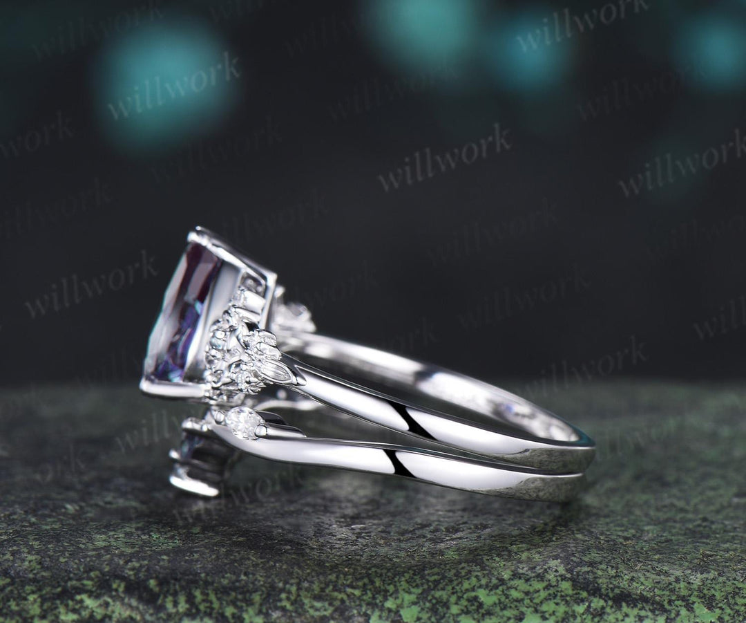 Pear alexandrite engagement ring 14k white gold leaf floral unique retro cluster moissanite bridal ring set women