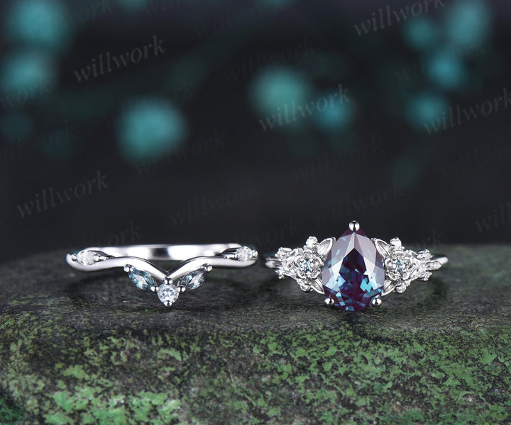 Pear alexandrite engagement ring 14k white gold leaf floral unique retro cluster moissanite bridal ring set women