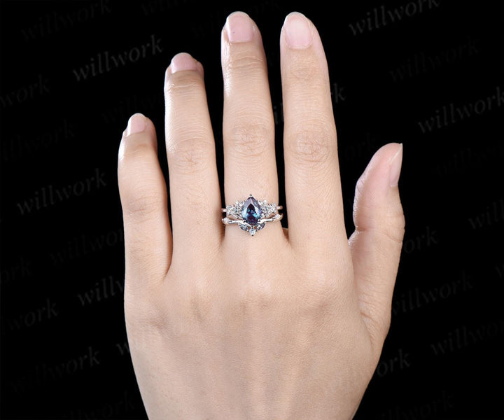 Pear alexandrite engagement ring 14k white gold leaf floral unique retro cluster moissanite bridal ring set women