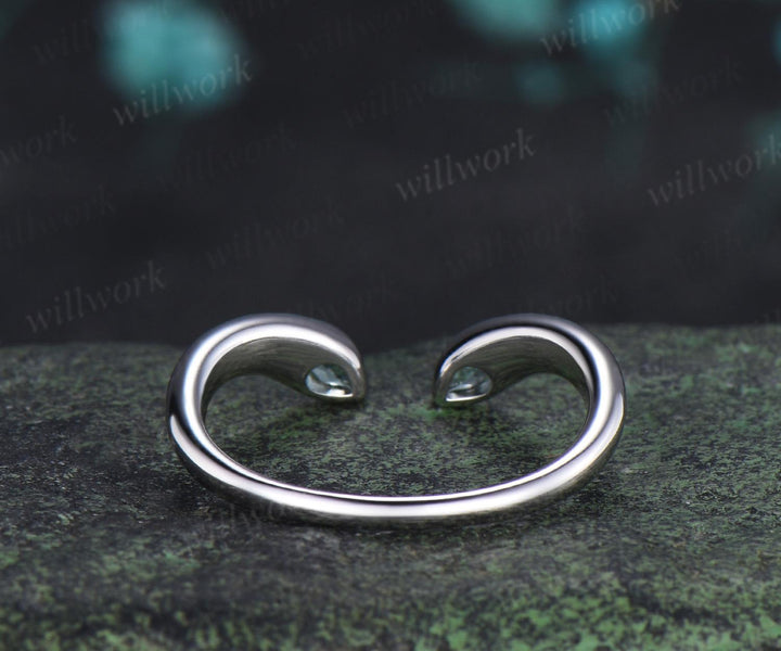 Open gap bezel pear green sapphire wedding band solid 14k white gold stacking bridal ring women silver