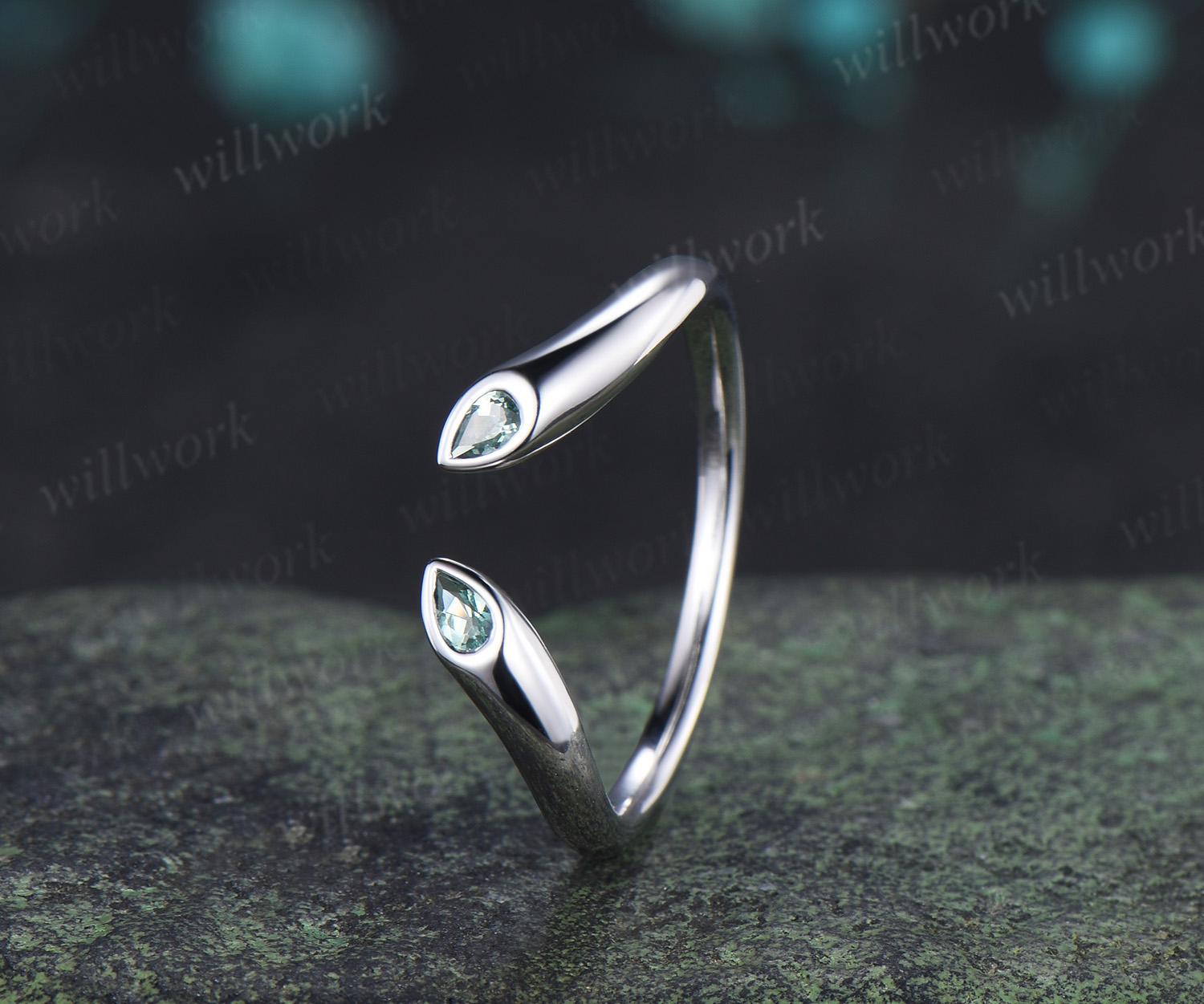Open gap bezel pear green sapphire wedding band solid 14k white