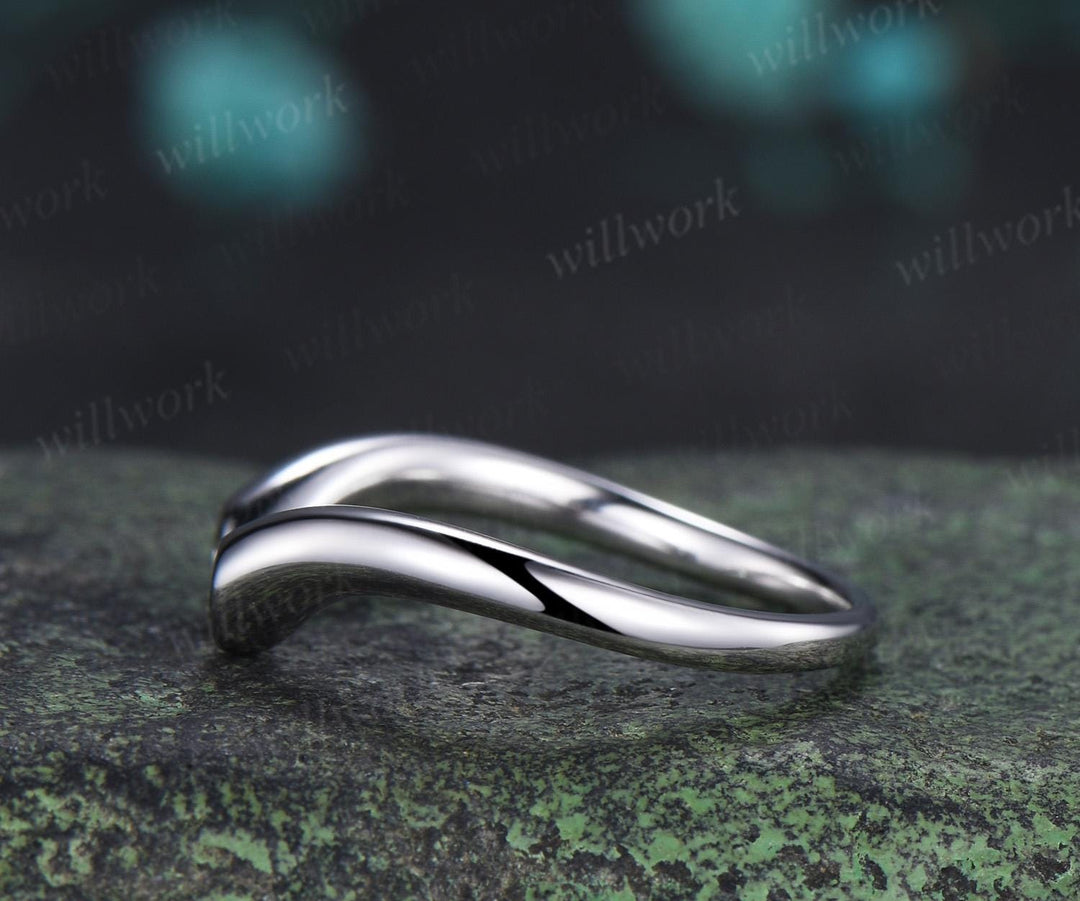 Open gap bezel pear green sapphire wedding band solid 14k white gold stacking bridal ring women silver