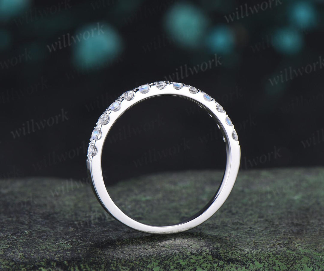 Round cut moonstone moissanite wedding band 14k white gold half eternity bridal ring women silver