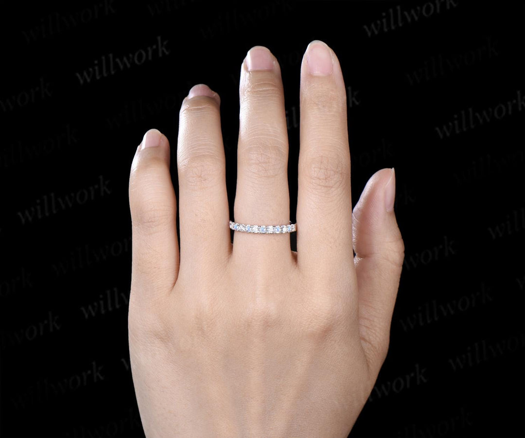 Round cut moonstone moissanite wedding band 14k white gold half eternity bridal ring women silver