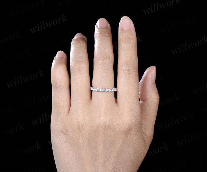 Round cut moonstone moissanite wedding band 14k white gold half eternity bridal ring women silver