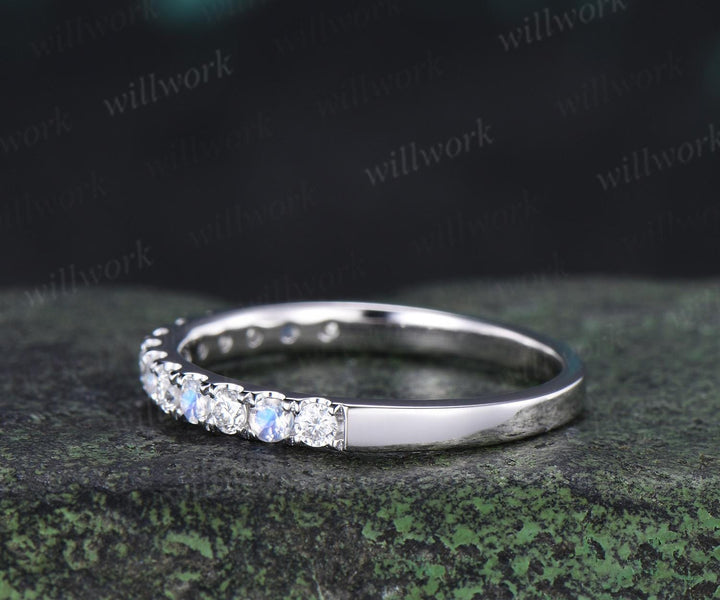 Round cut moonstone moissanite wedding band 14k white gold half eternity bridal ring women silver
