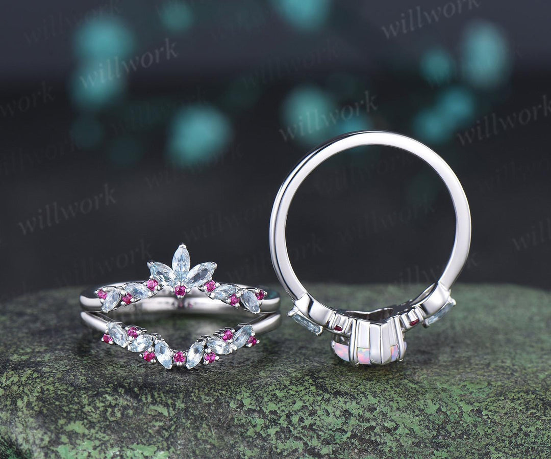 Heart opal engagement ring 14k white gold leaf claw prong cluster aquamarine ruby wedding anniversary ring set jewelry gift