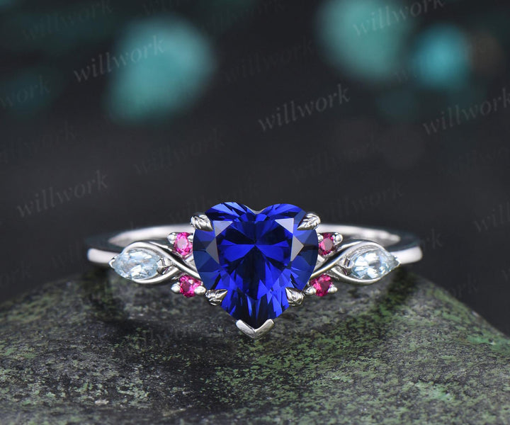 2ct heart cut blue sapphire engagement ring 14k white gold leaf claw prong cluster aquamarine ruby wedding promise ring set jewelry gift
