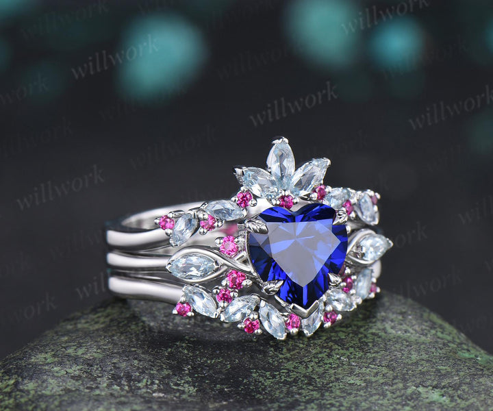 2ct heart cut blue sapphire engagement ring 14k white gold leaf claw prong cluster aquamarine ruby wedding promise ring set jewelry gift