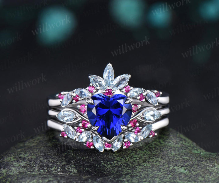 2ct heart cut blue sapphire engagement ring 14k white gold leaf claw prong cluster aquamarine ruby wedding promise ring set jewelry gift